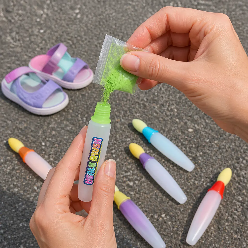 Child pouring pre-measured chalk paint powder into a refillable brush barrel