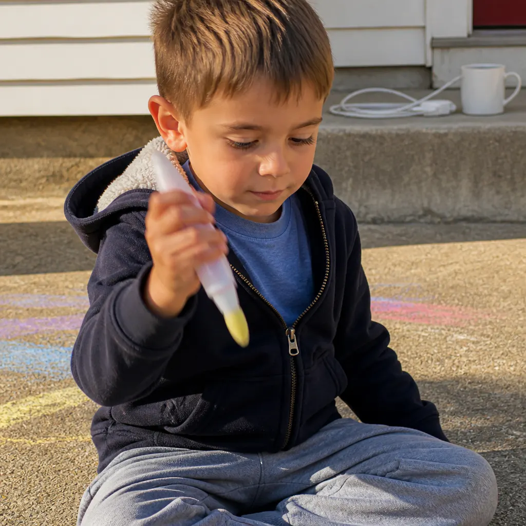 Child adding water and shaking a capped chalk paint brush barrel