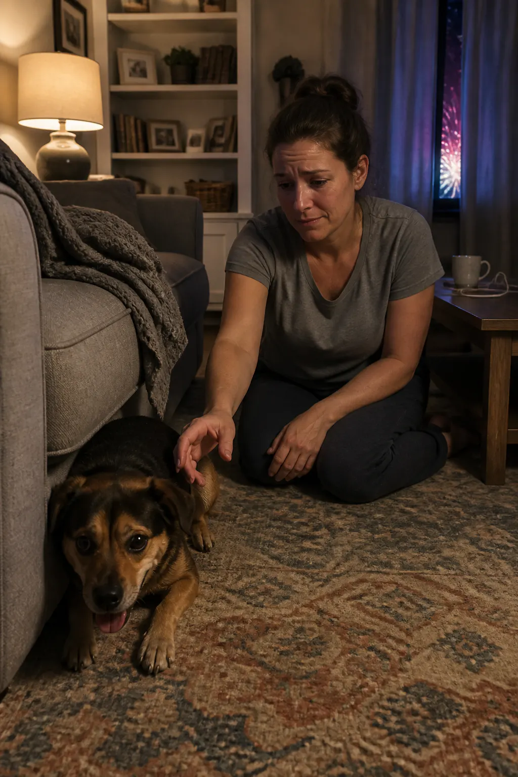 Anxious dog pacing beside its owner during fireworks