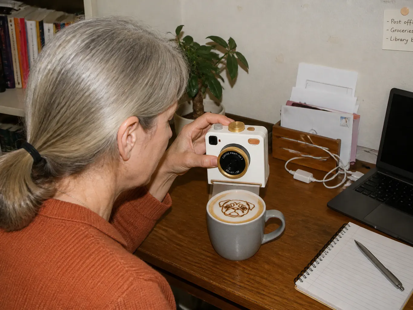 The camera sitting out on a counter beside an espresso machine