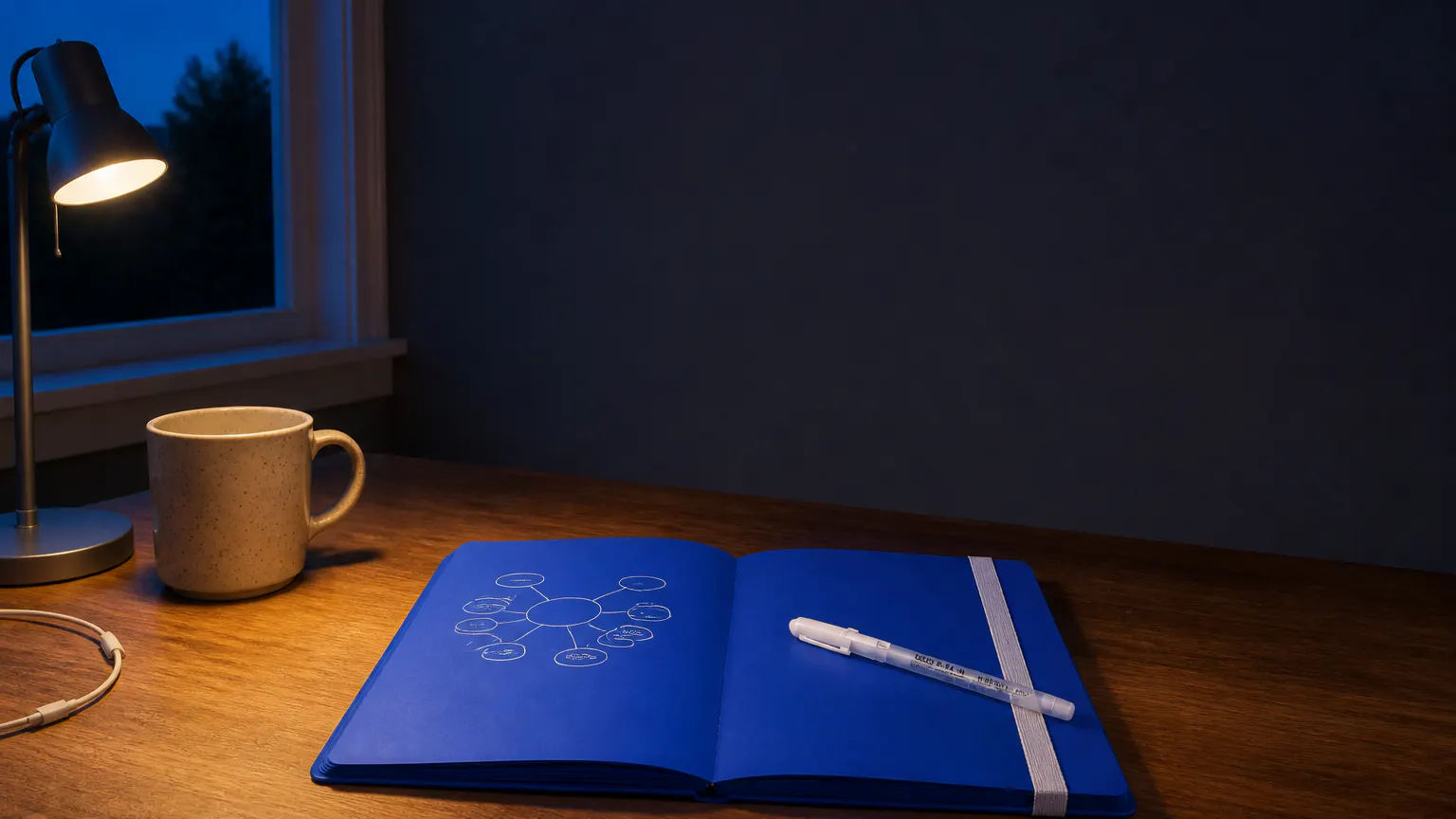 An open BlueNote notebook lying flat on a warmly lit desk at night, white-ink pages catching the lamp light
