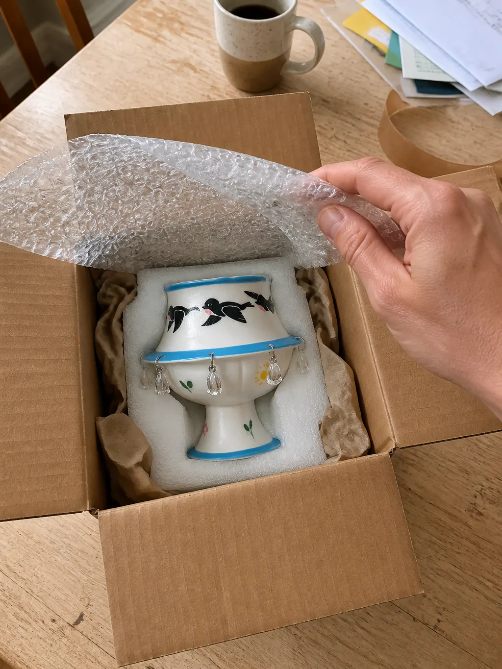 The ceramic cup nested in protective packing inside its box