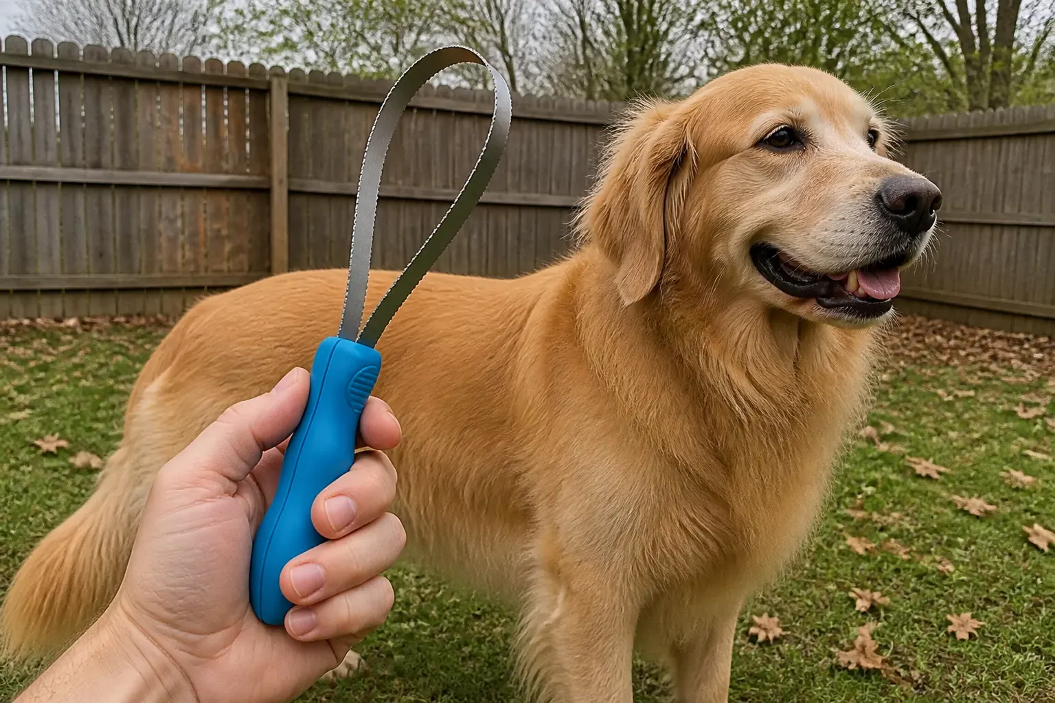A hand gripping the ergonomic handle one-handed beside a calm horse