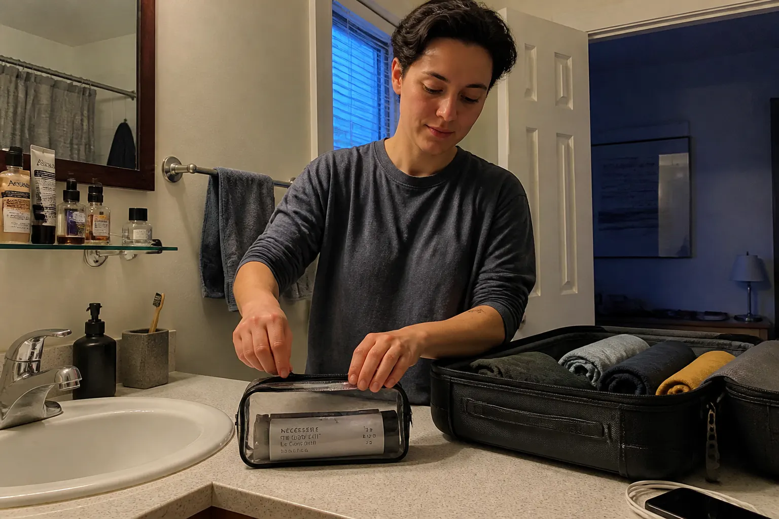 An organized one-bag traveler with QuadPour tucked in the quart bag