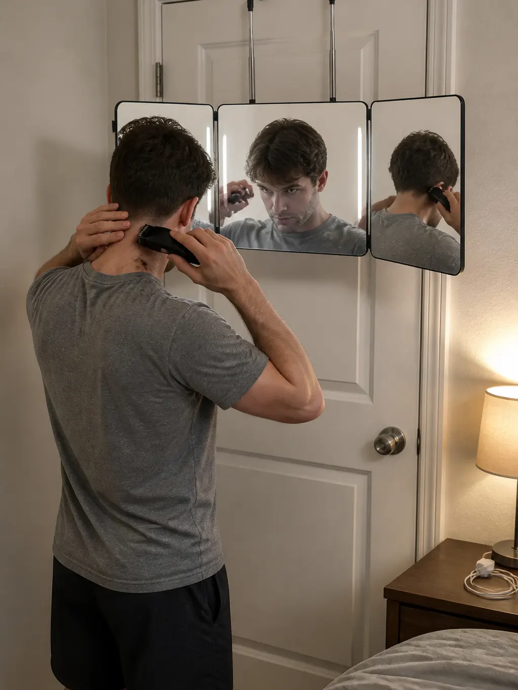 Braiding session with the back of the head visible in the trifold mirror