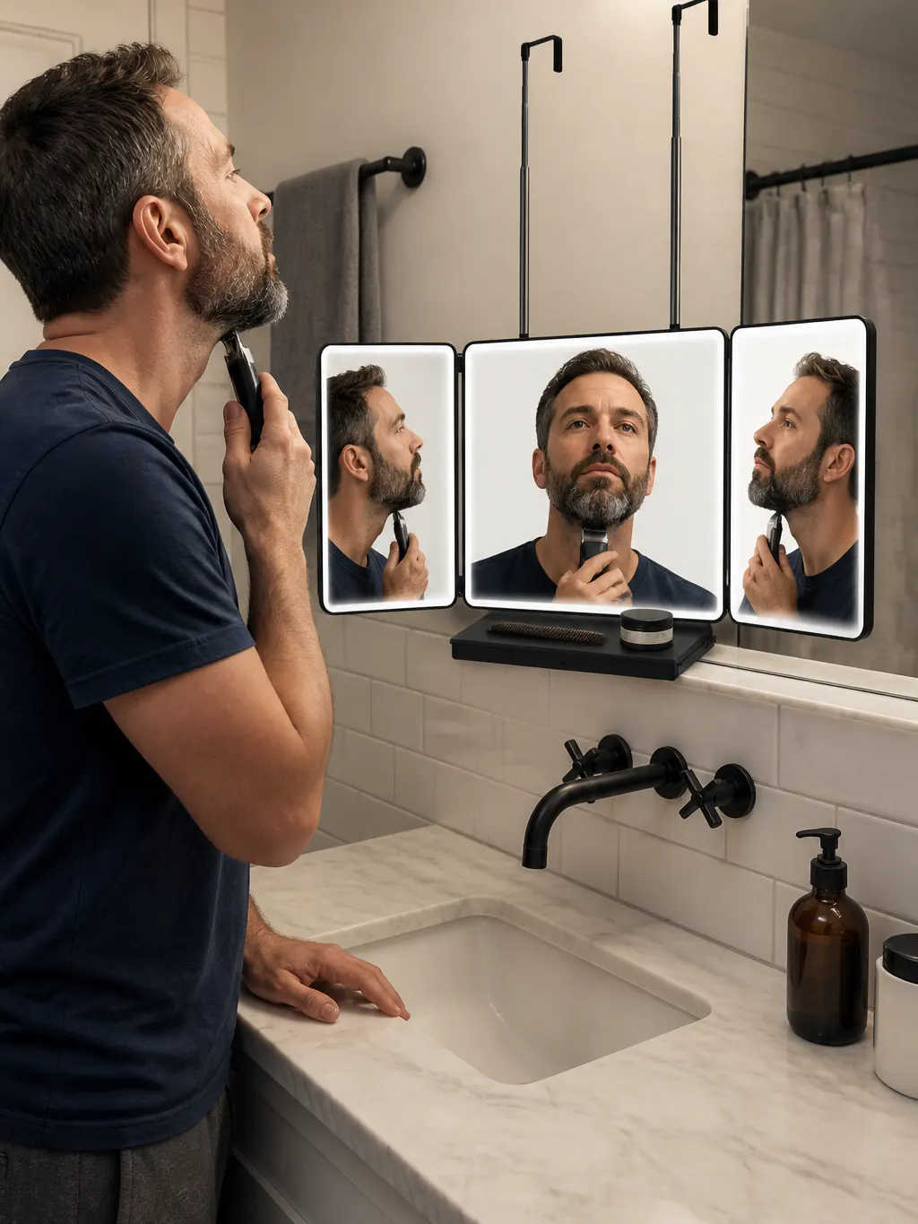 Applying makeup under the mirror's natural light mode