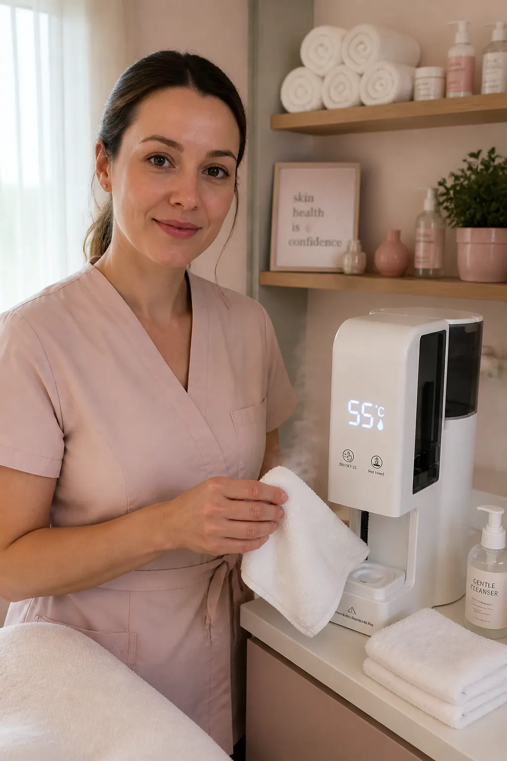 Licensed esthetician demonstrating the warm-towel step with the Ventra machine