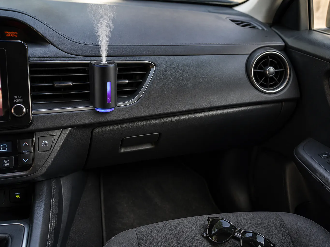 Fine mist plume rising from the diffuser mounted on a car air vent