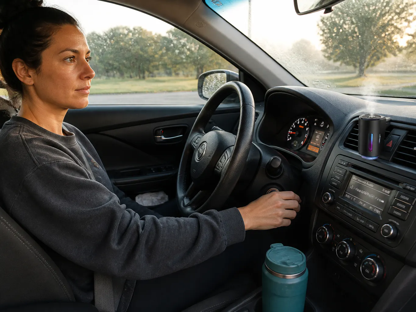 Driver turning the ignition key while the vent-mounted diffuser lights and begins misting