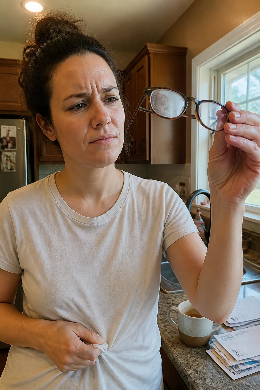 A smudged eyeglass lens wiped on a shirt