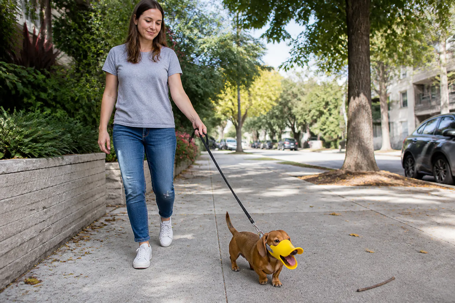 A small dog relaxed mid-walk in the duck-bill muzzle, owner smiling