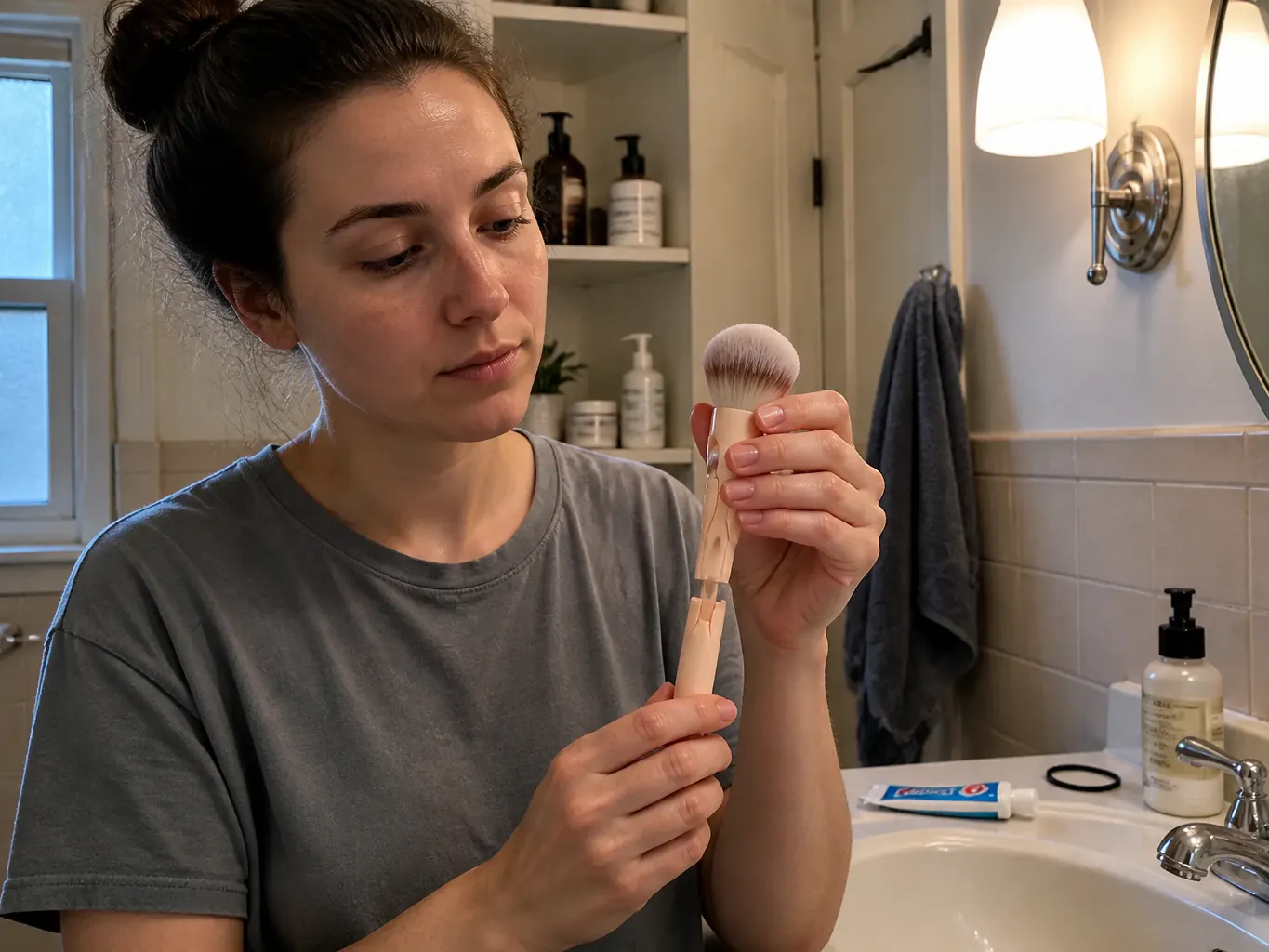 Hands pulling the brush handle apart at the magnetic seam