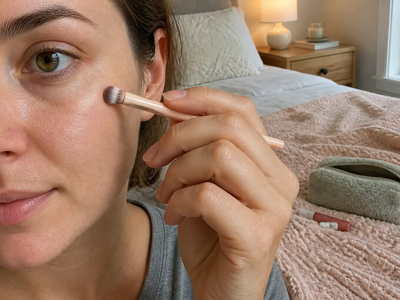 Small eyeshadow brush held pen-style, pressing shadow onto the eyelid