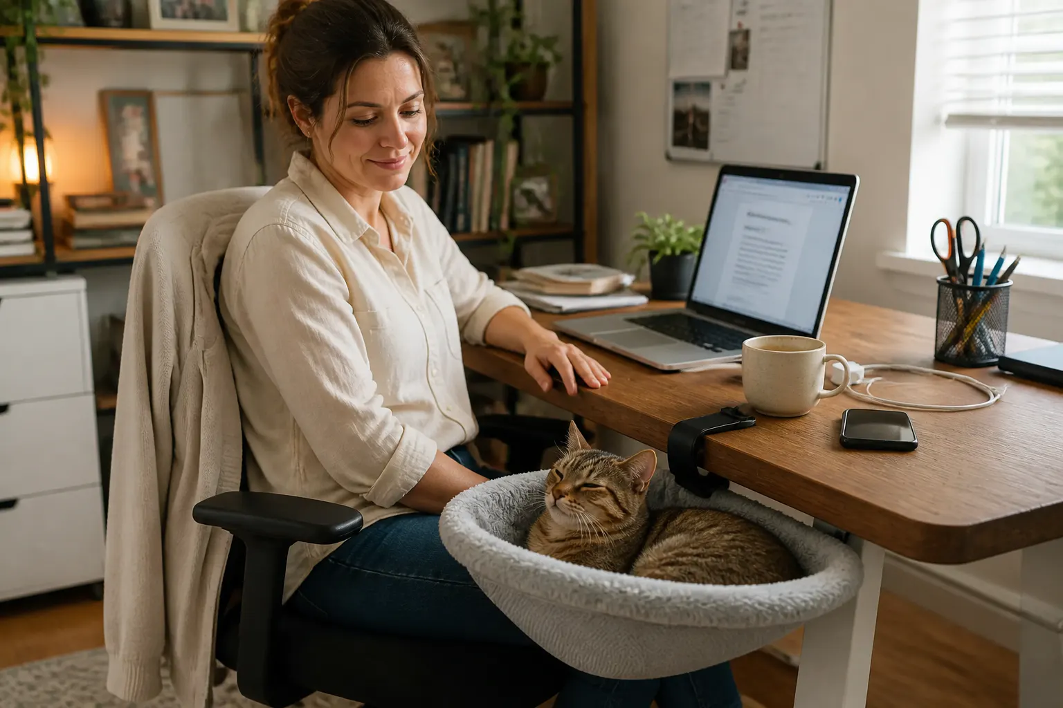 Cat resting in her DeskNest at the desk edge while the owner works calmly