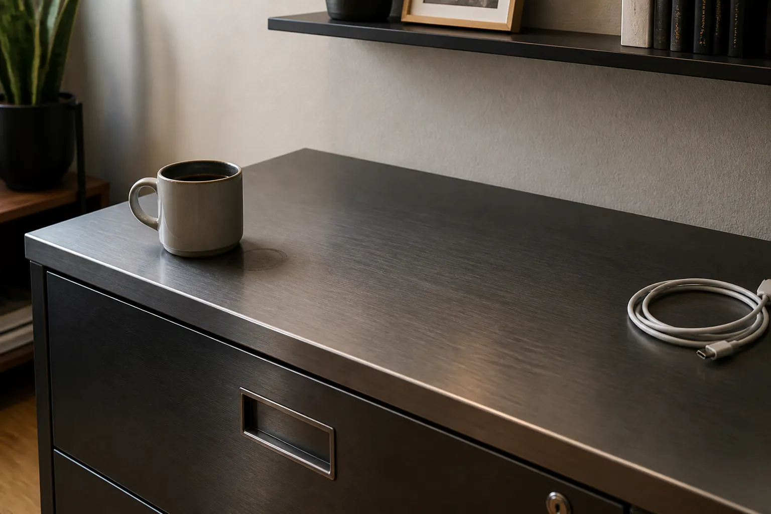 Matte-black ninja magnets styled in a minimalist adult kitchen