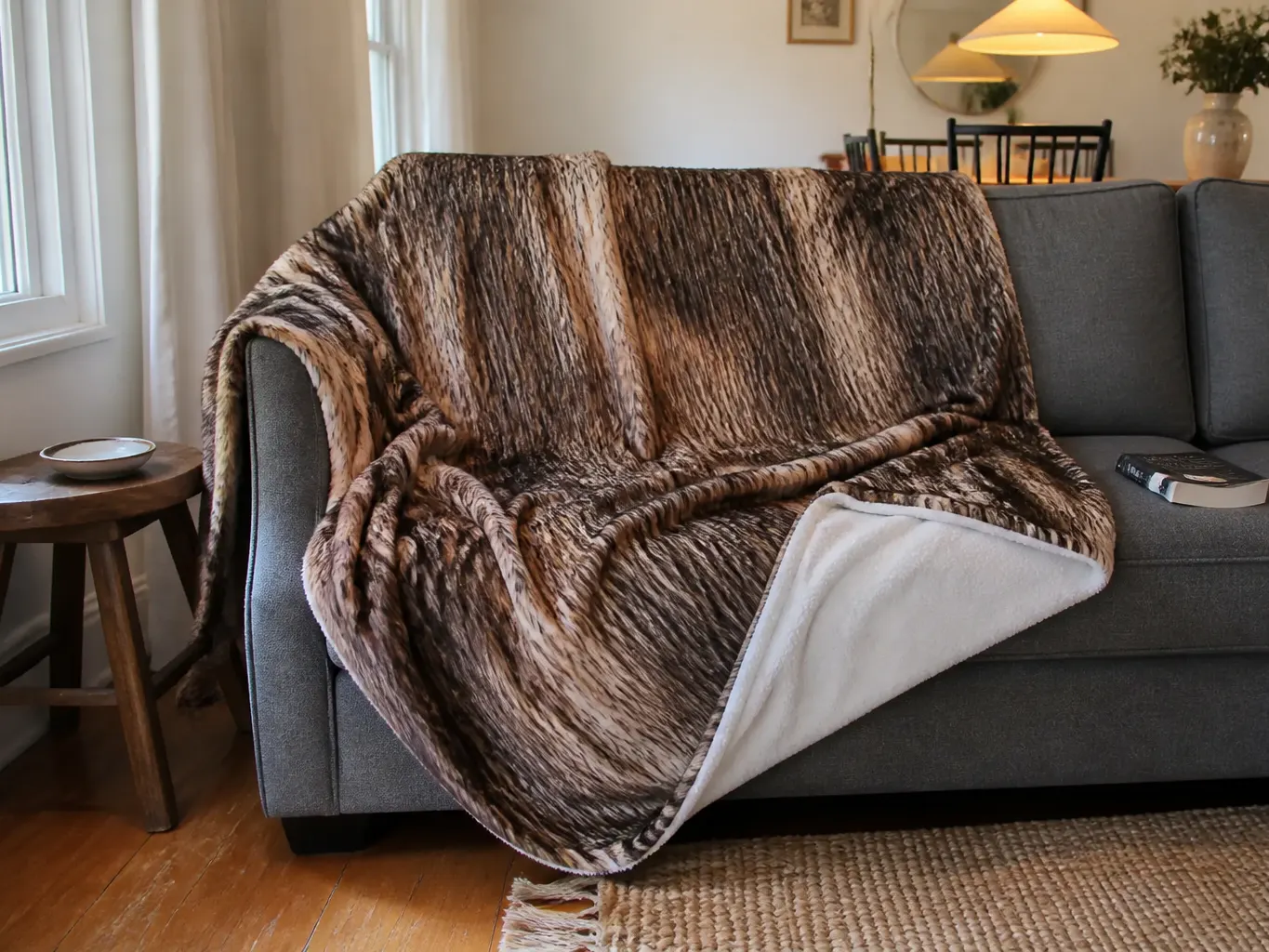 Deer hide print throw folded back over a sofa arm showing the white sherpa reverse