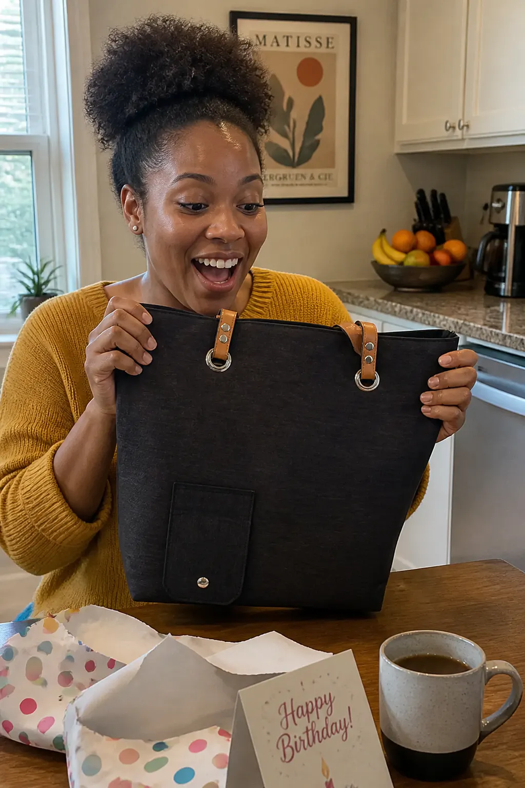 Delighted reaction unwrapping the gift-boxed Ventra tote