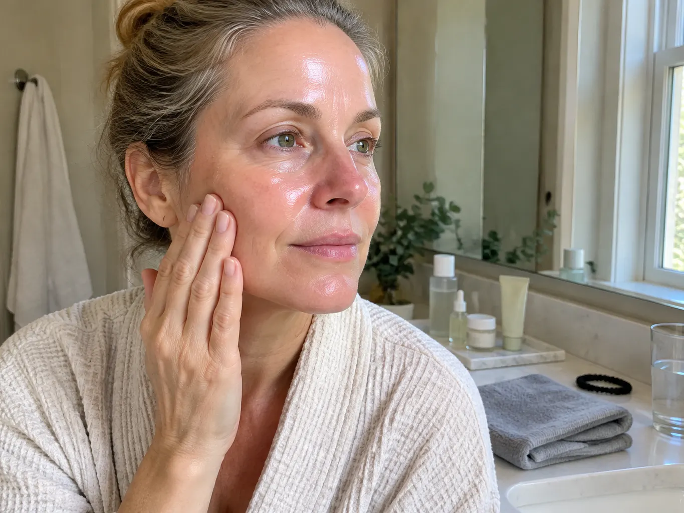 Woman with dewy, hydrated skin in bright morning light