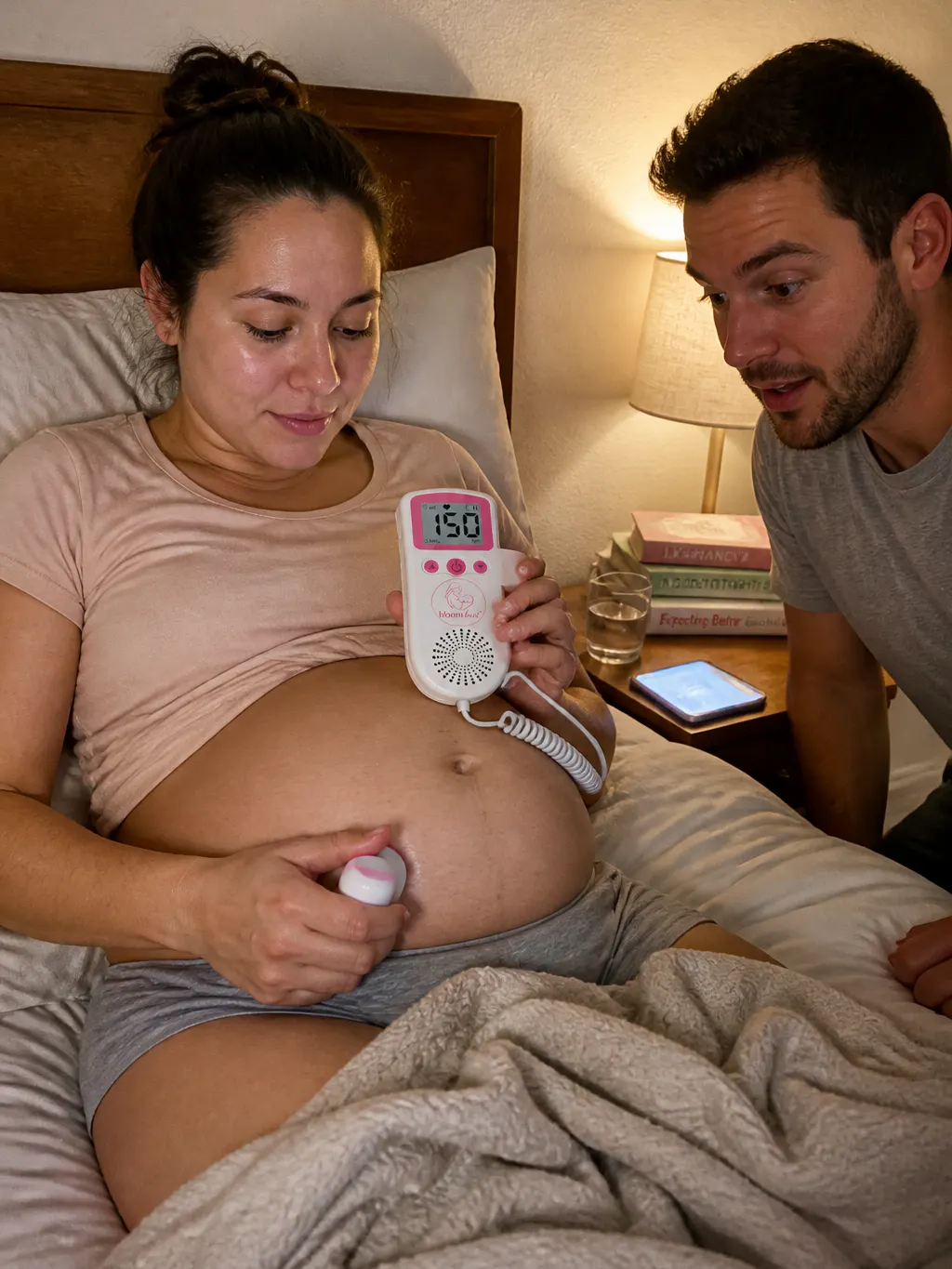 Probe held low on the belly at bedside, monitor screen reading 150 bpm