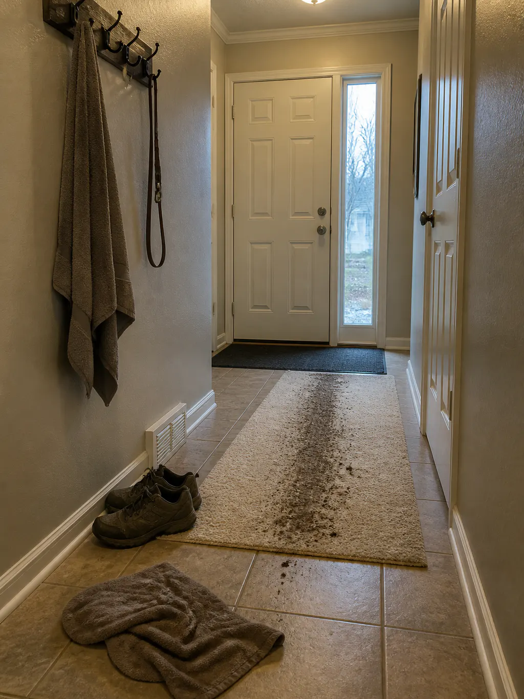 Hallway doorway with a grey-smeared towel on a hook and muddy paw prints on a light rug