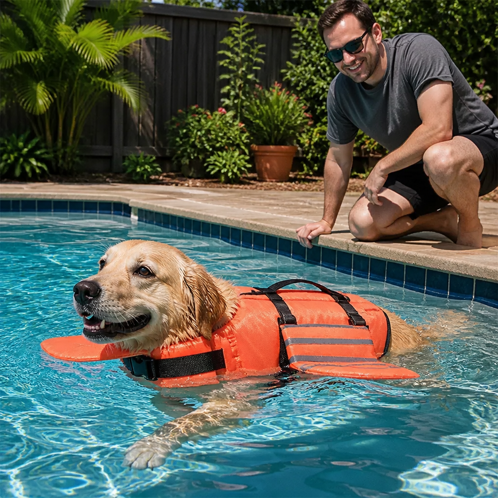 Dog floating head-up thanks to full-torso side floats