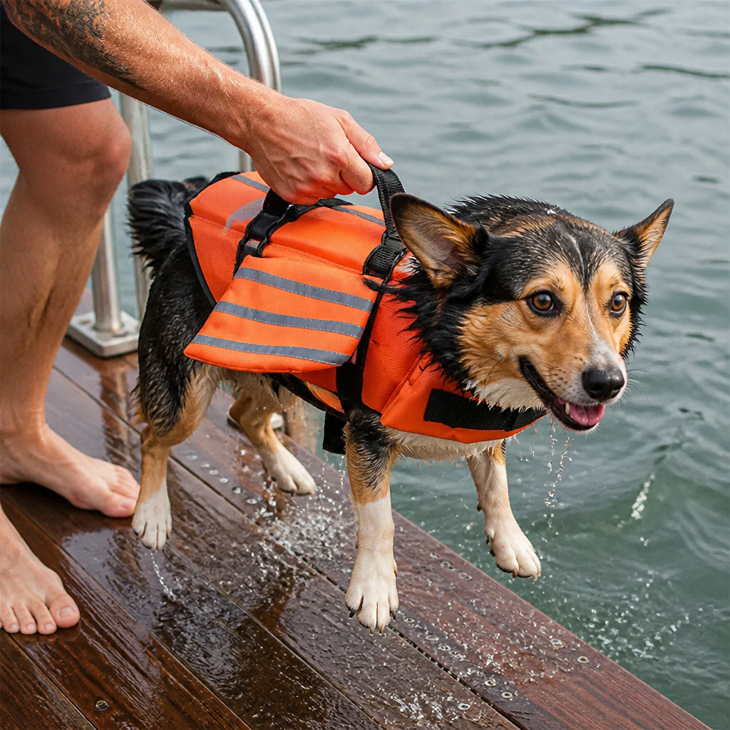 Owner lifting dog out of water by the grab handle