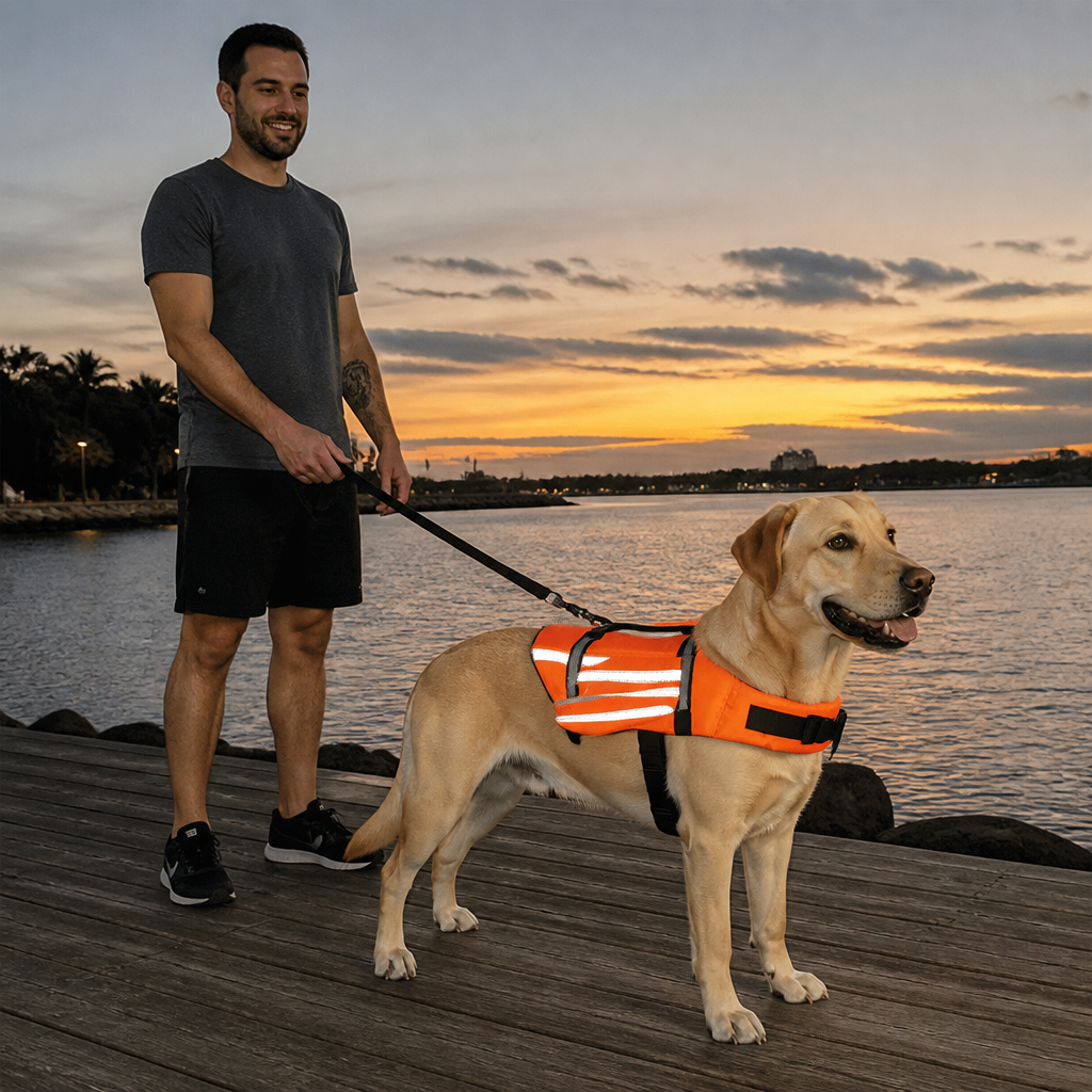 Dog visible in low light thanks to reflective strips