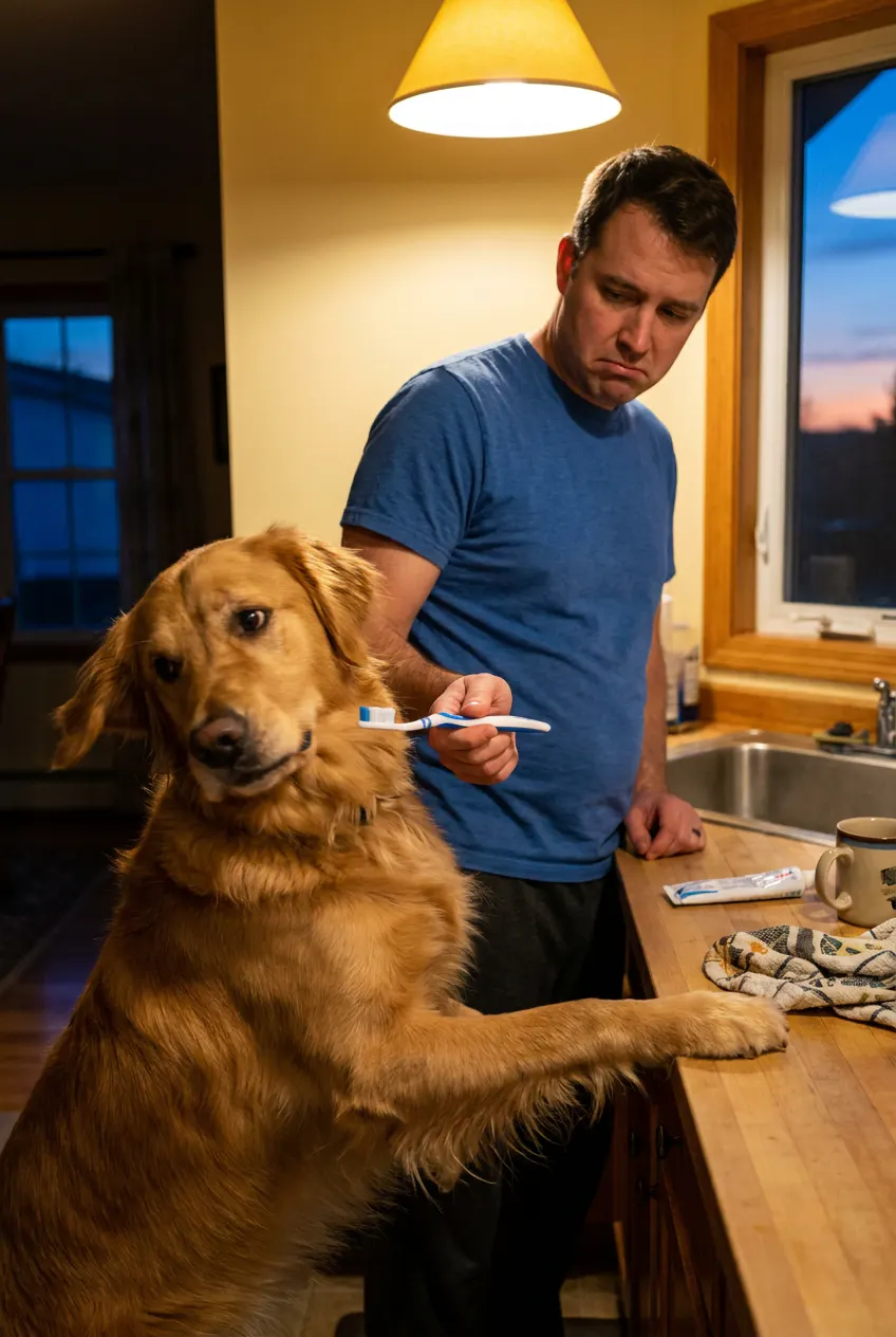 A dog turning away from a toothbrush in an evening kitchen