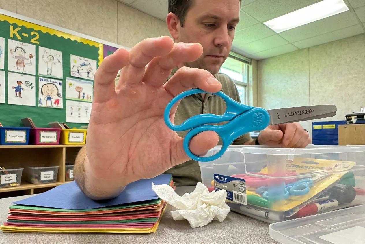 A child's left hand gripping the loop handles in the correct thumb-up position