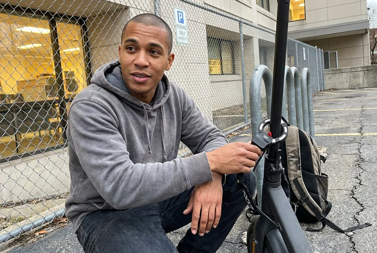 Rider crouched beside a scooter closing the chain through the wheel at a campus rack