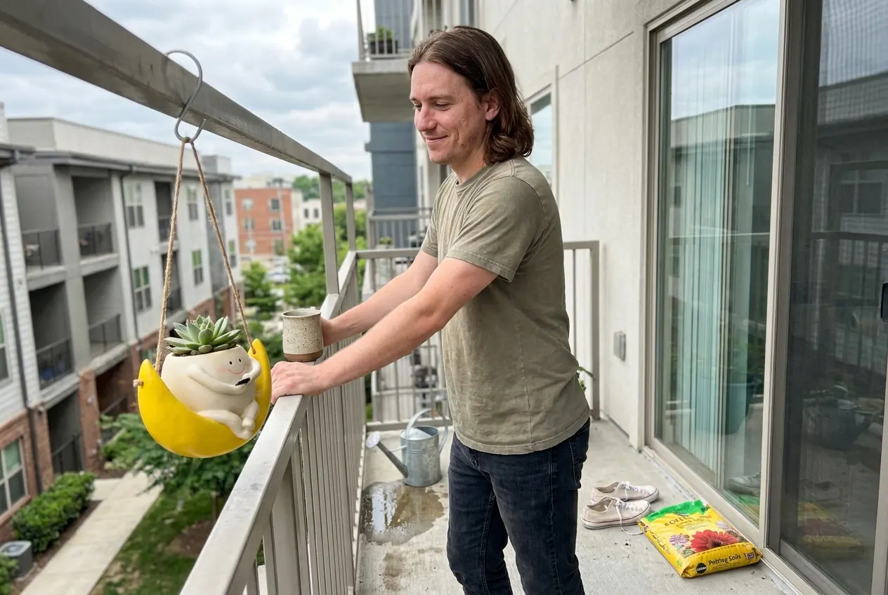 The swing planter hanging on a balcony rail beside a standard coffee mug