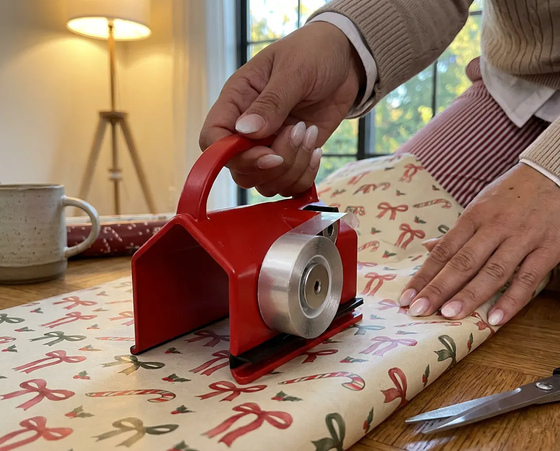 Close-up of the tape port loaded and a hand pulling a strip one-handed mid-wrap