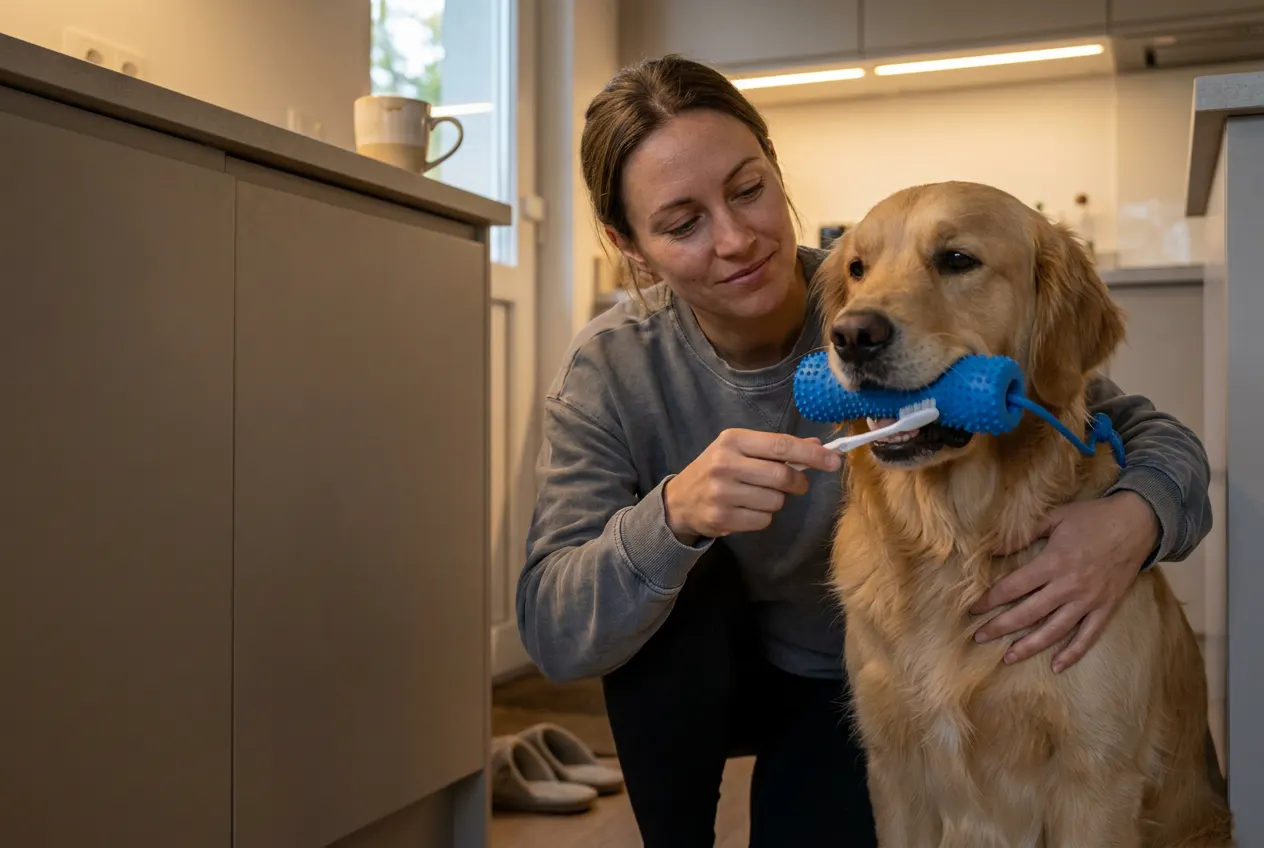 A dog holding the BrushBuddy dental toy in its mouth while its owner brushes its teeth with one free hand