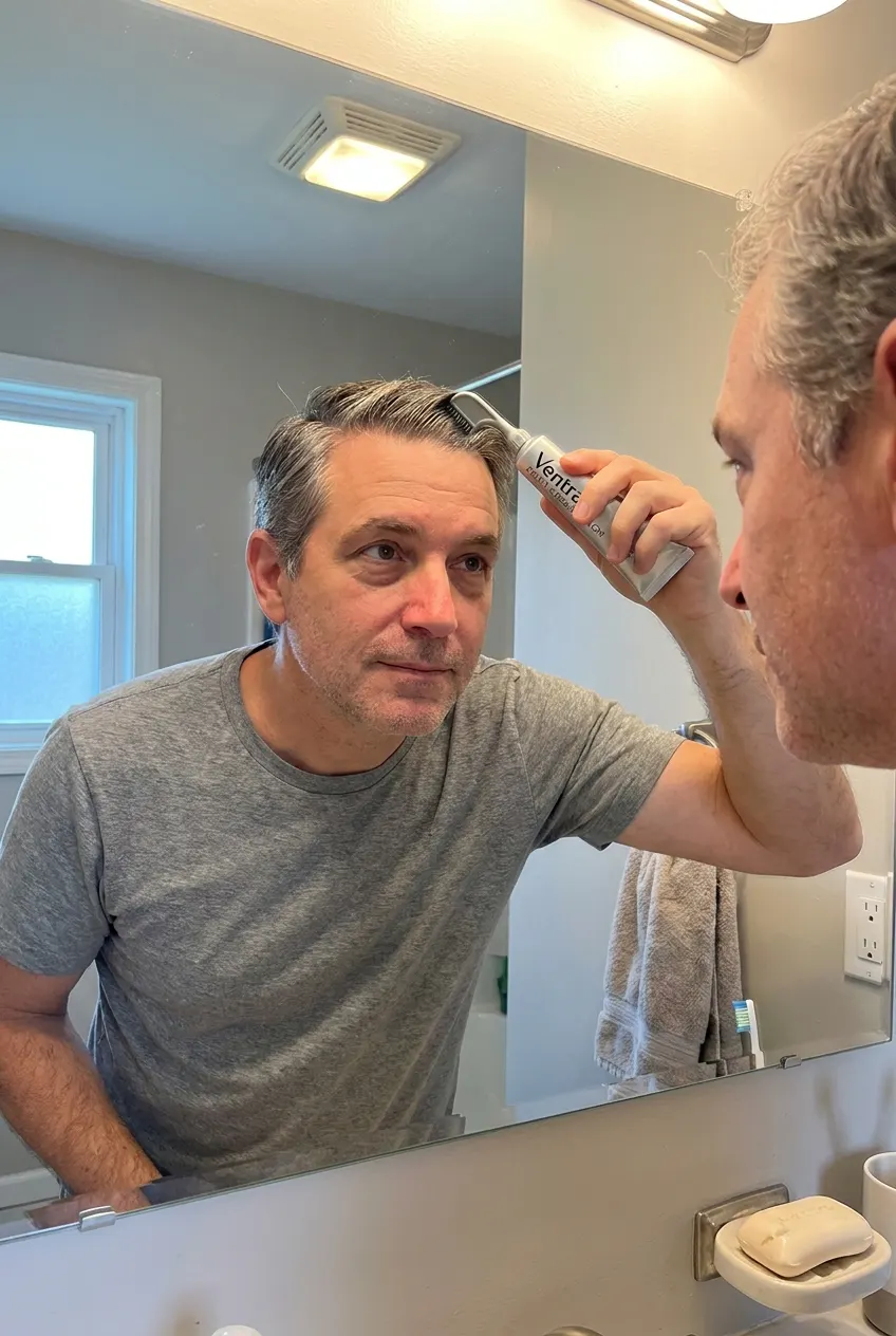 Comb tip stroking color through a man's graying temple
