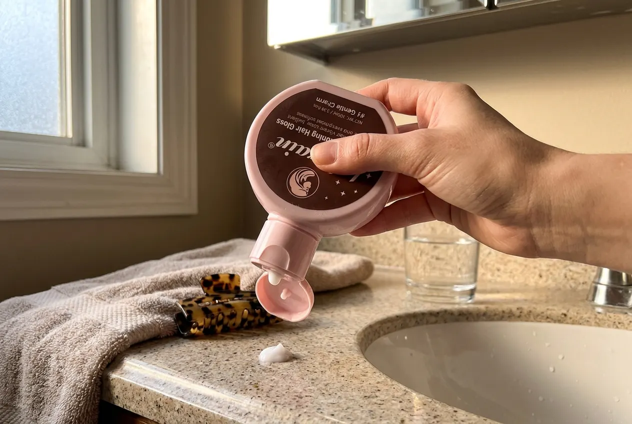 The thick conditioning cream with its flip-top cap dispensing into a palm