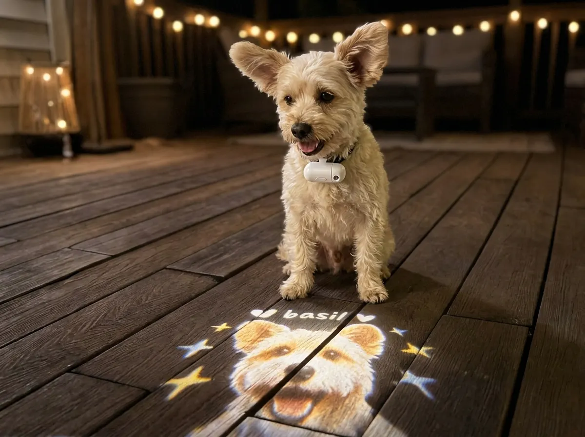 A dog on a night walk with its own face and name projected on the path ahead