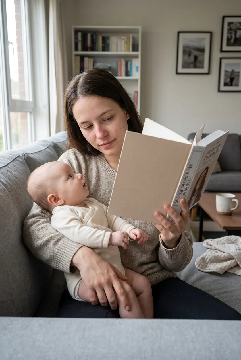 A parent calmly reading the book on the couch