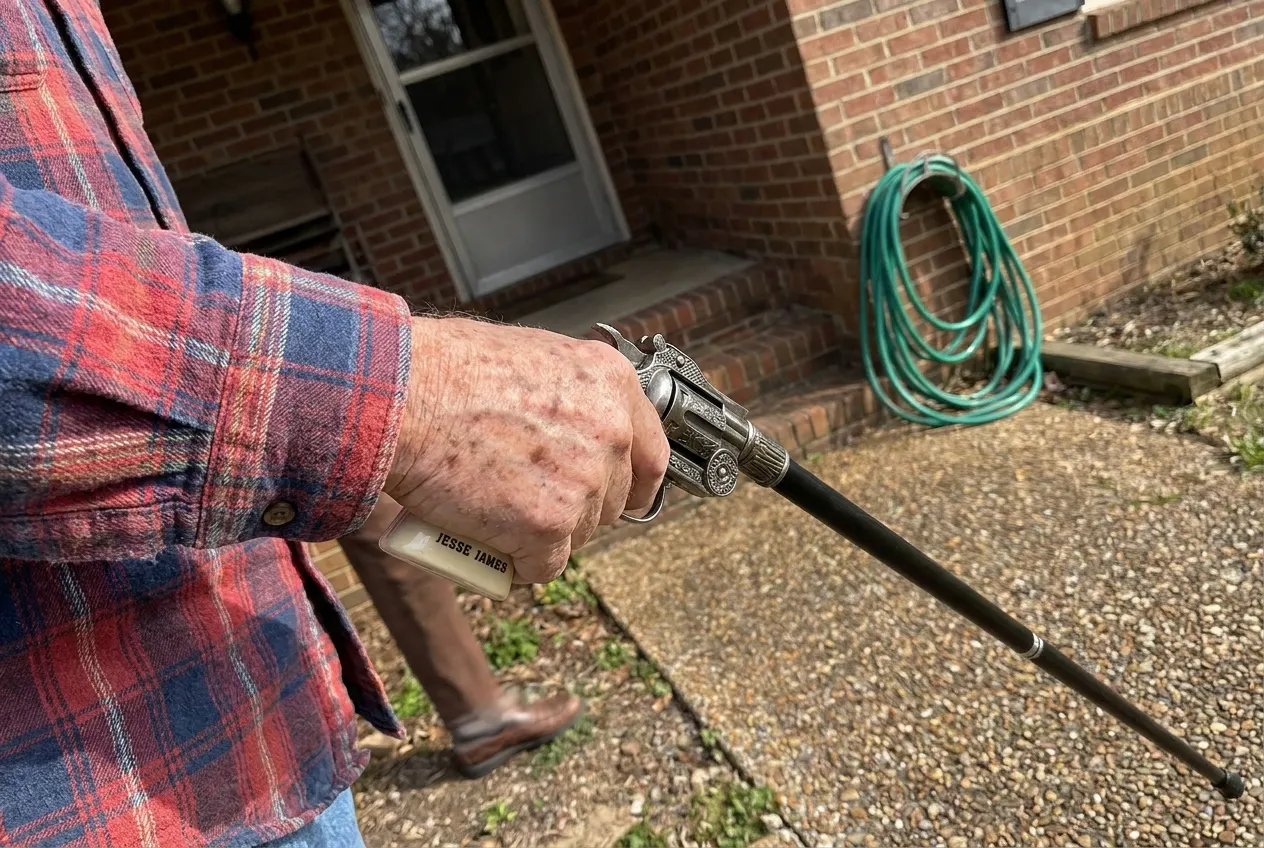 Customer photo of the engraved revolver-grip cane - Karen D.