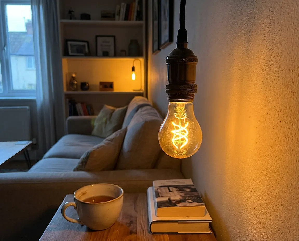 Coiled LED filament glowing through amber glass at 1800K