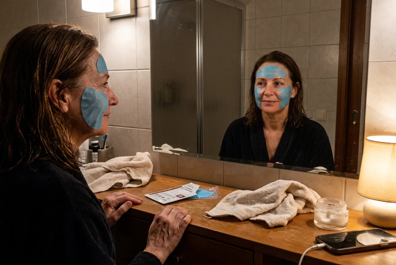 A woman at her evening vanity applying a dissolvable collagen patch to her cheek