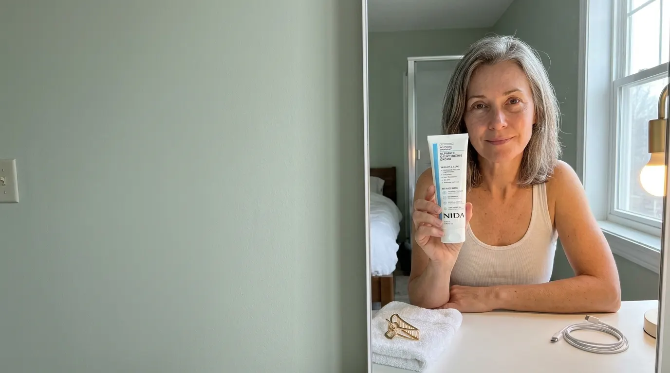 A woman with dewy, glowing skin at her bright morning vanity
