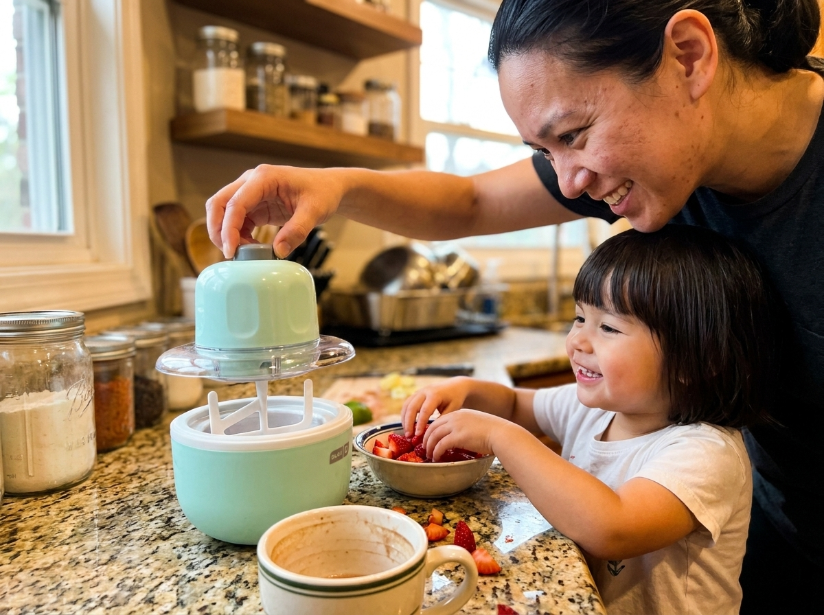 A child pressing the single button on the pastel ice cream maker