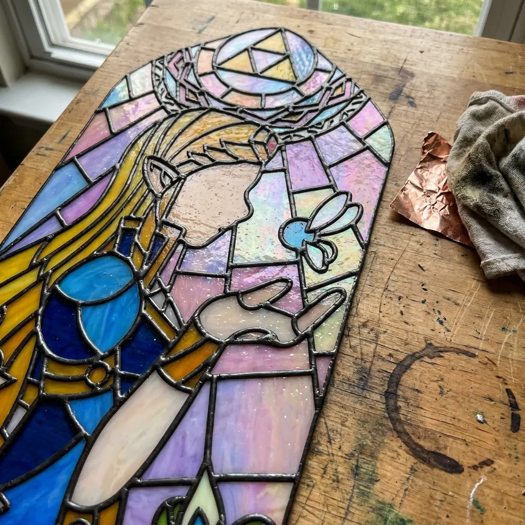 Close-up of the solder lines and glass texture of the handmade suncatcher