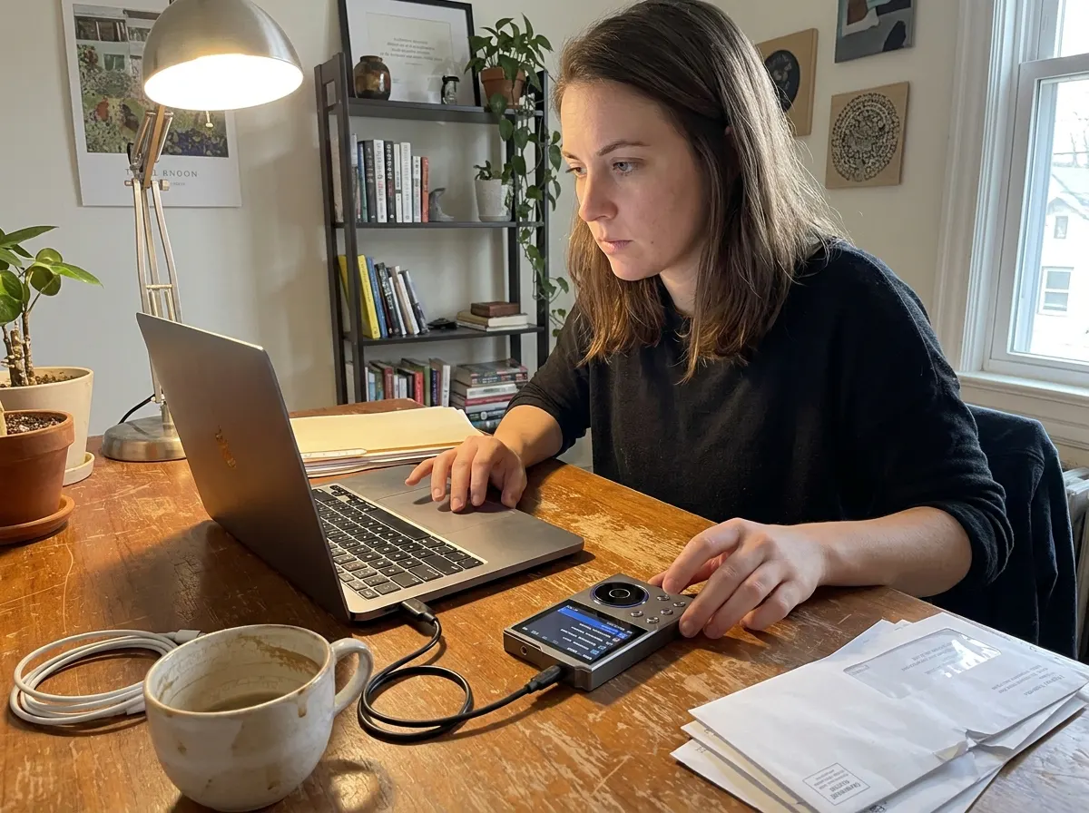 Person dragging music files onto the PocketTunes at a desk
