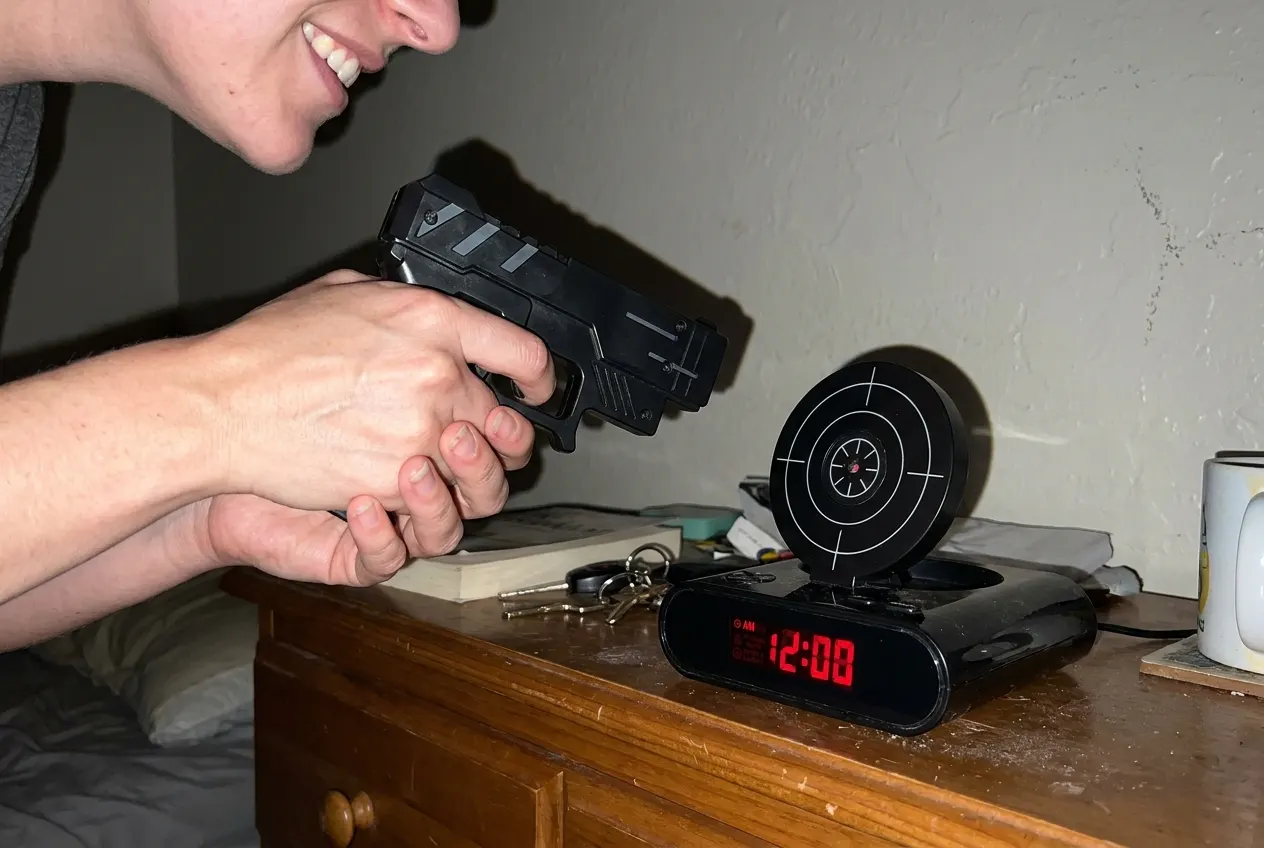 The clock and gun on a customer's dresser