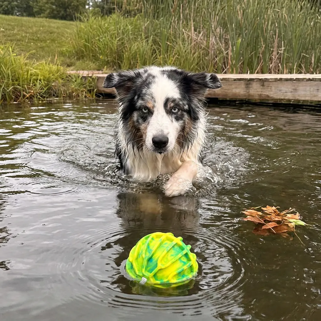 Dog swimming out to the floating ridged ball on a lake surface