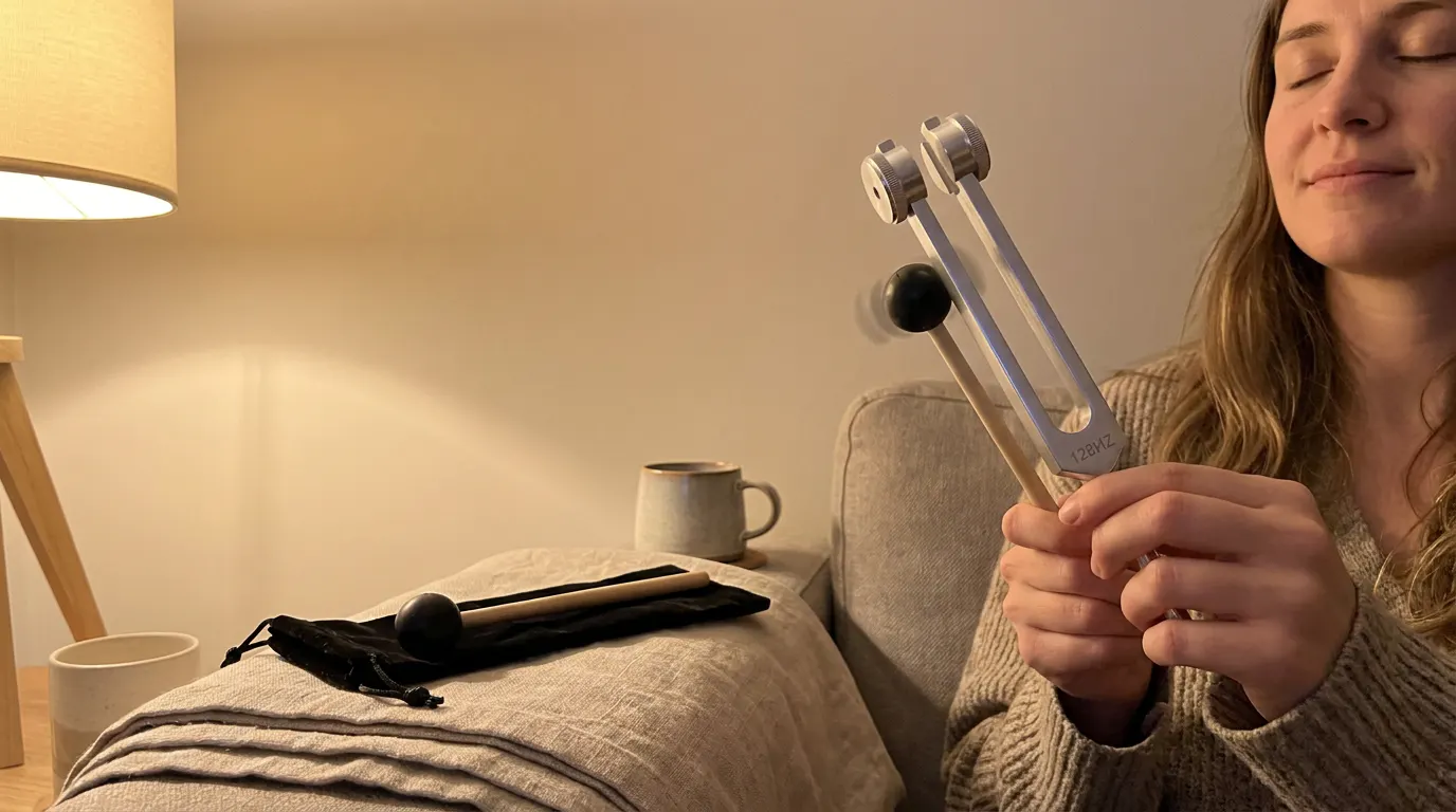 Adult striking the weighted tuning fork on its mallet in warm evening lamplight, velvet pouch and mallet laid out on linen