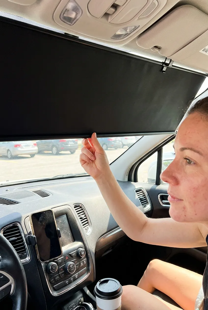 Hand pulling the Ventra windshield sunshade down across a car windshield