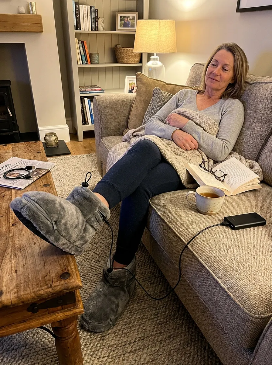 Woman wearing Ventra USB heated slippers with the cable at the zip pocket