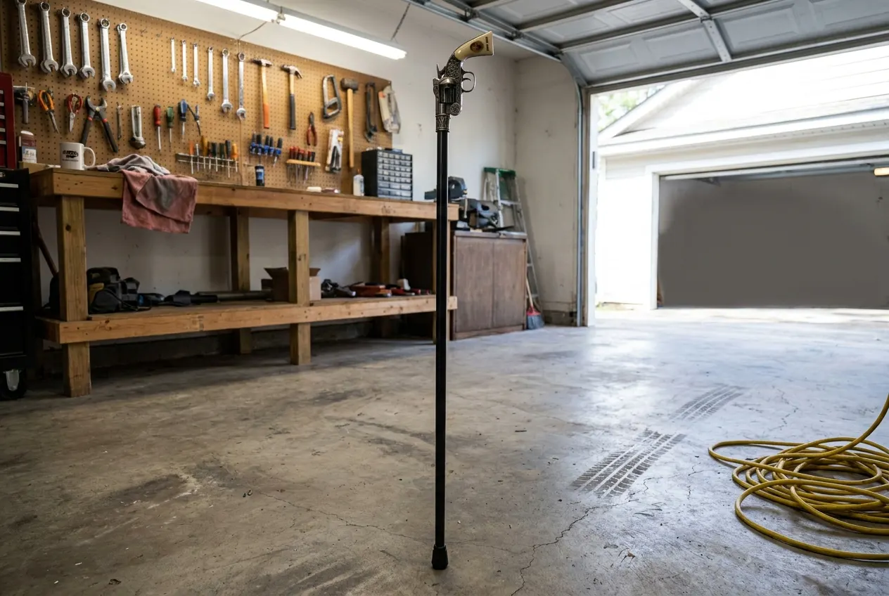 Durable rubber walking tip of the cane contacting the ground